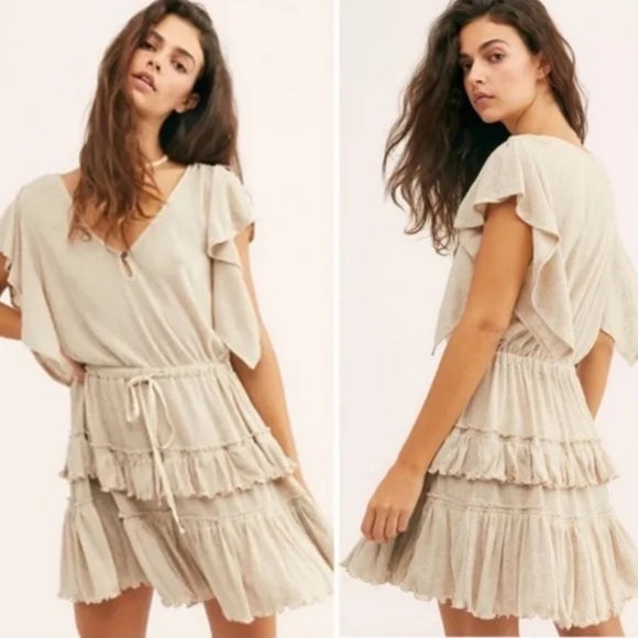 Free People FP Beach Harper Oatmeal Tiered Dress Womens XS Ruffle Knit V Neck - Picture 1 of 9